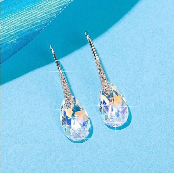 14K White Gold with Iridescent AB Austrian Crystal Teardrop Drop Hook Earrings - Picture 2 of 6